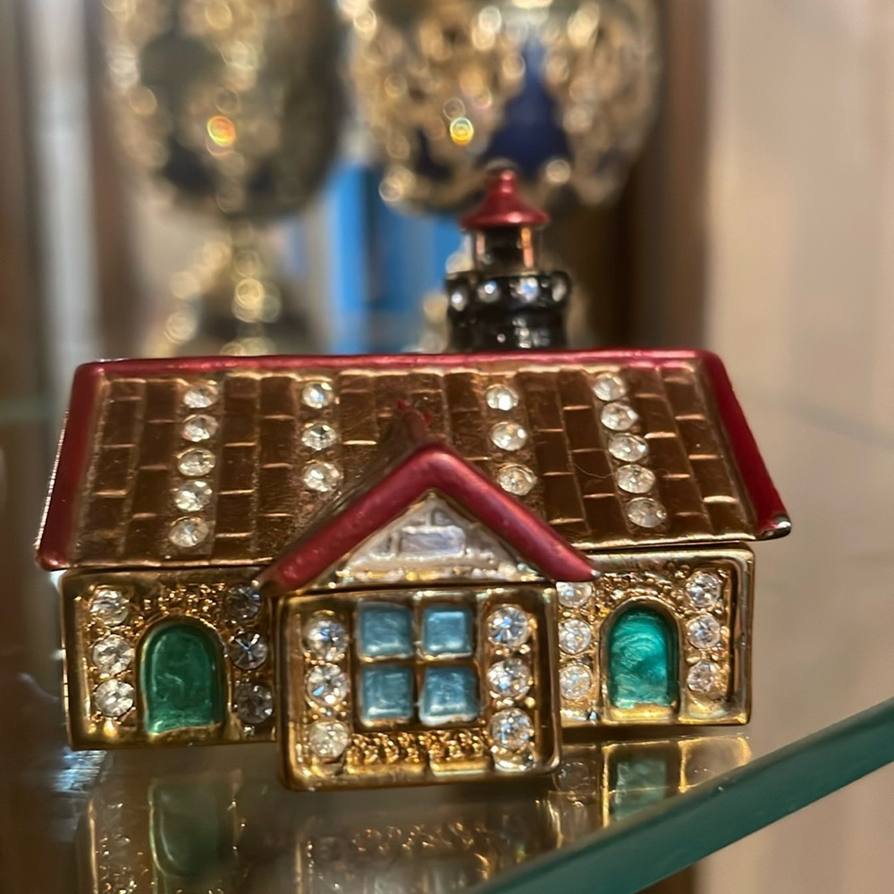 SOLD English Cottage Lighthouse Gold Enamel Austrian Crystal Trinket Box
